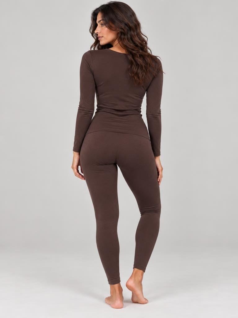 Ensemble T-shirt Manche Longue Col V et Legging Chocolat – LILYA