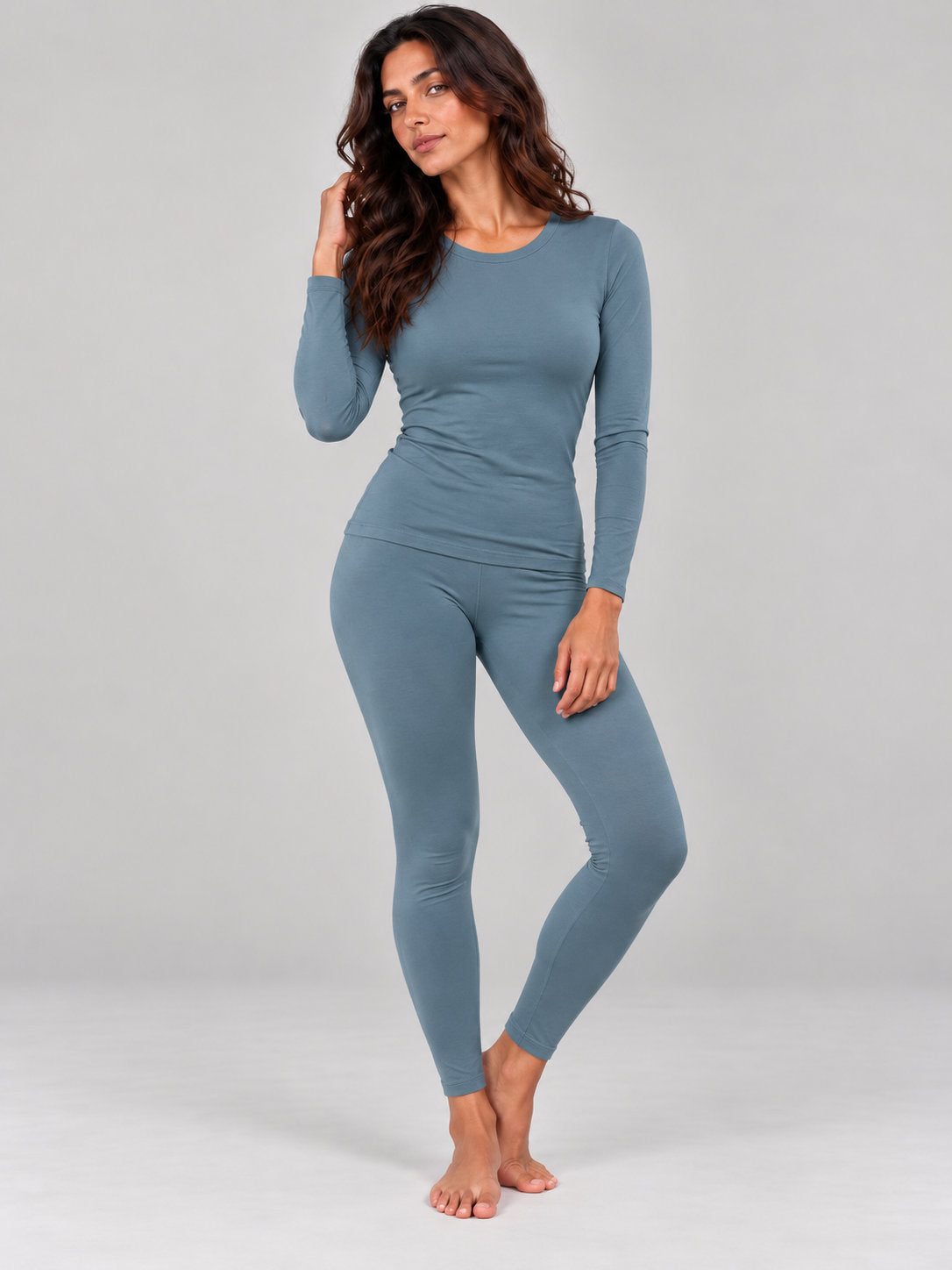 Ensemble LILYA bleu ardoise col rond et legging - vue entière