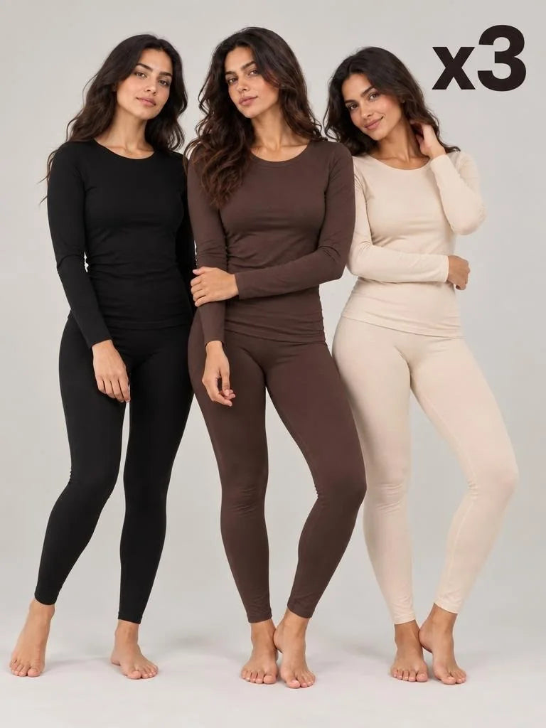 Pack 3 Ensembles T-shirt Manche Longue Col Rond et Legging Noir, Chocolat et Beige Sable – LILYA