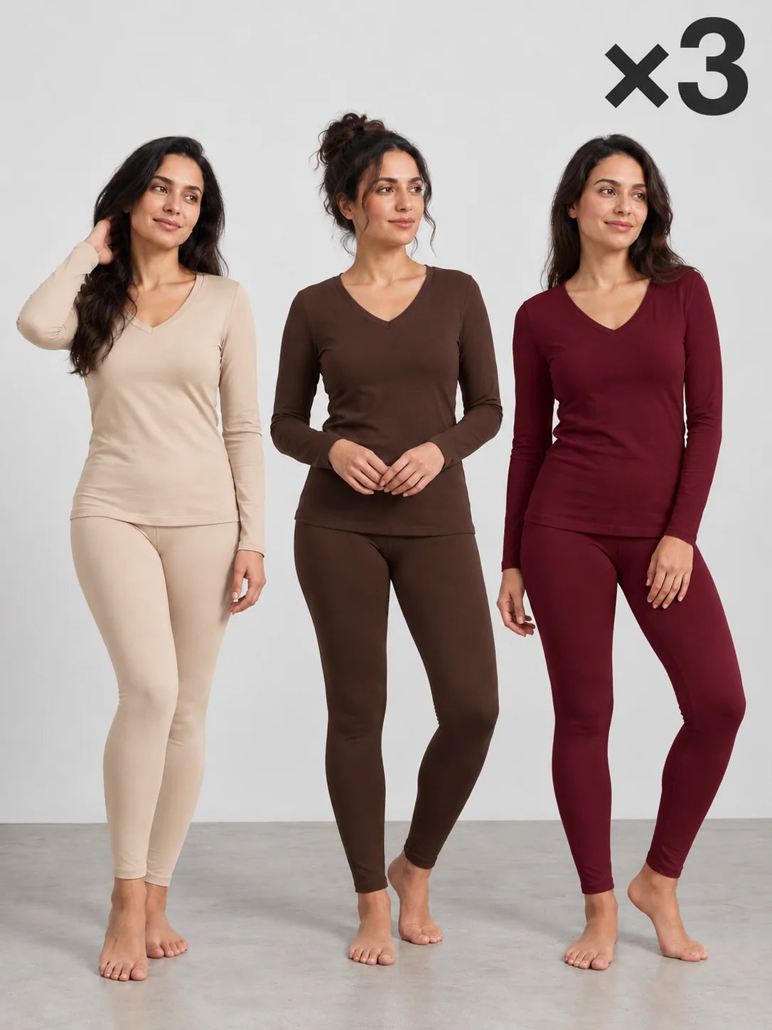 Pack 3 Ensembles T-shirt Manche Longue Col V et Legging Beige Sable, Chocolat et Grenat Foncé – LILYA
