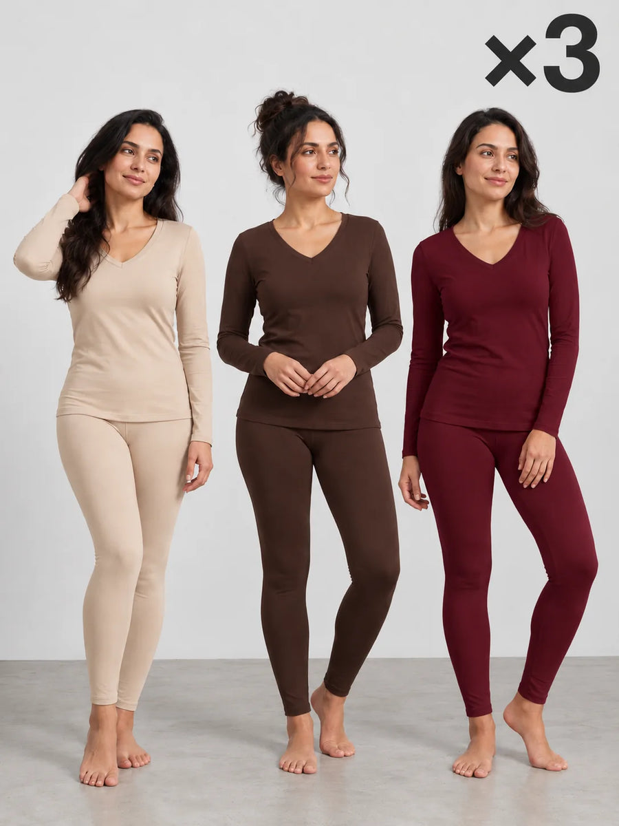 Pack 3 Ensembles T-shirt Manche Longue Col V et Legging Beige Sable, Chocolat & Grenat Foncé – LILYA