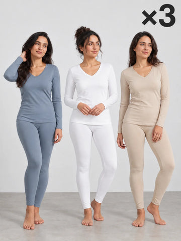 Pack 3 Ensembles T-shirt Manche Longue Col V et Legging Bleu ciel, Blanc et Beige Sable – LILYA
