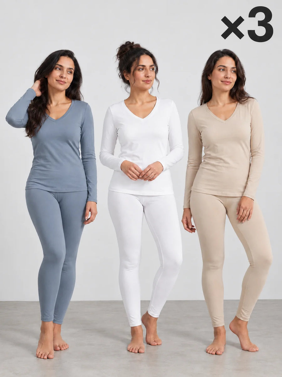 Pack 3 Ensembles T-shirt Manche Longue Col V et Legging Bleu ciel, Blanc & Beige Sable – LILYA
