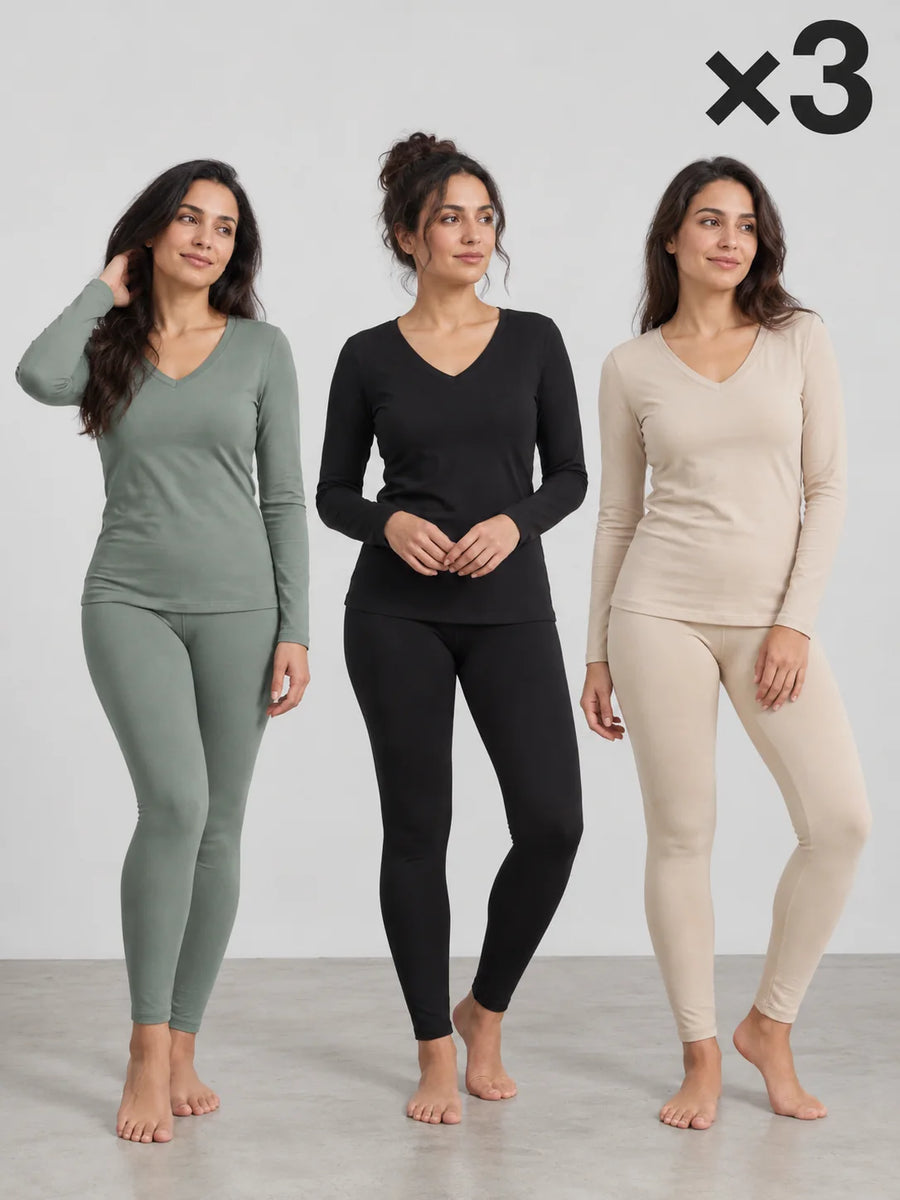 Pack 3 Ensembles T-shirt Manche Longue Col V et Legging Vert Eucalyptus, Noir & Beige Sable – LILYA