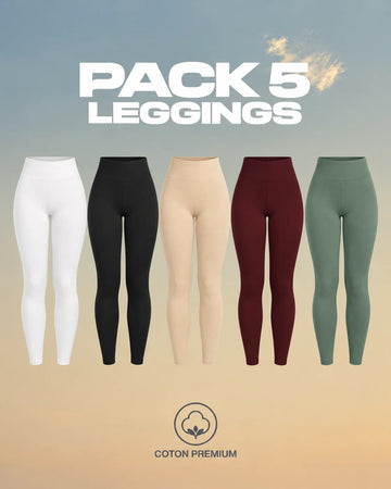 Pack 5 Leggings LILYA – Blanc, Noir, Beige Sable, Grenat et Vert Eucalyptus