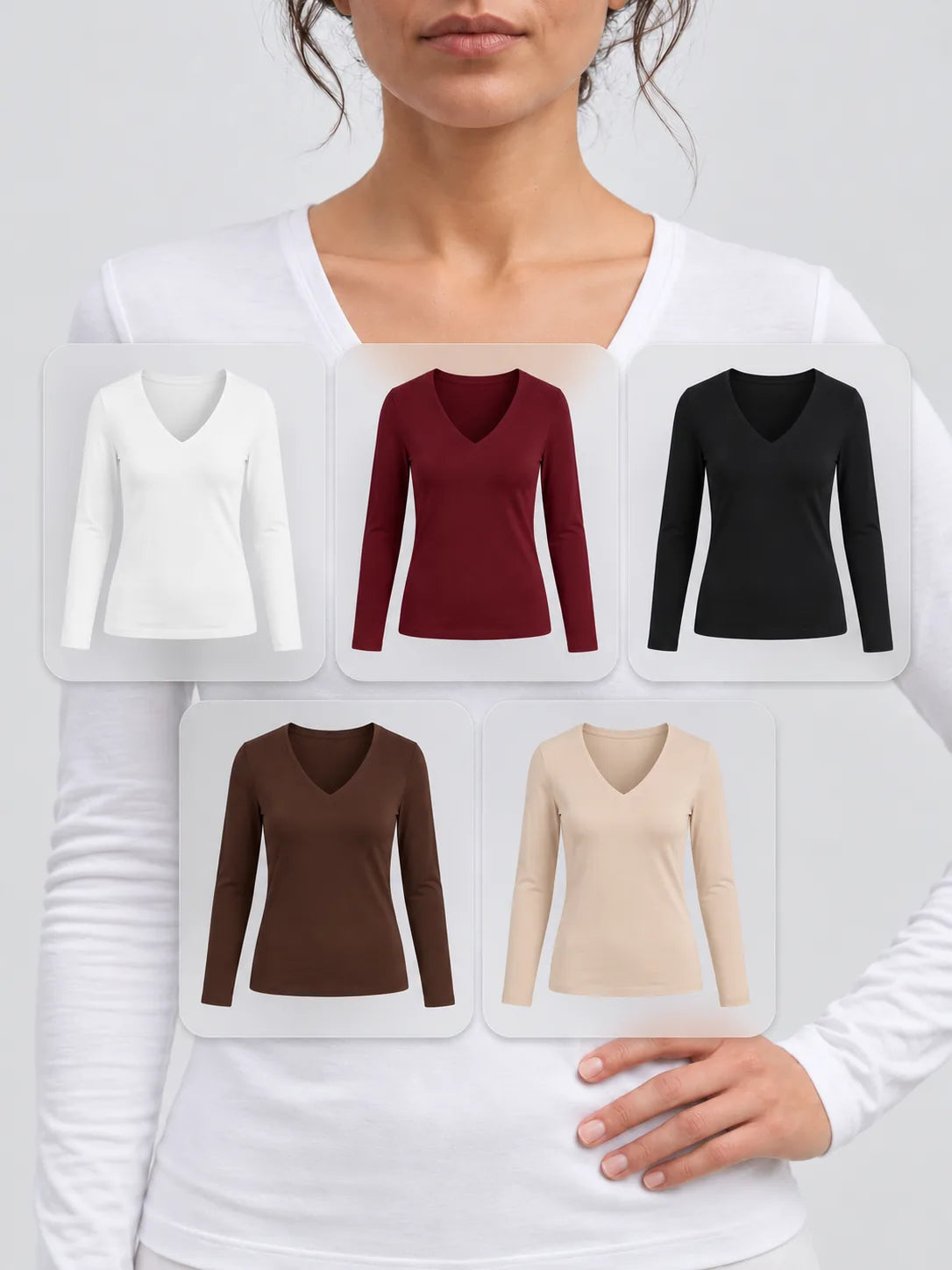 Pack 5 T-shirts manches longues col V blanc grenat noir chocolat beige LILYA