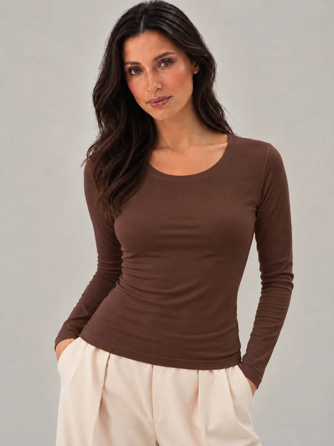T-shirt Manche Longue Col Rond LILYA – Marron chocolat