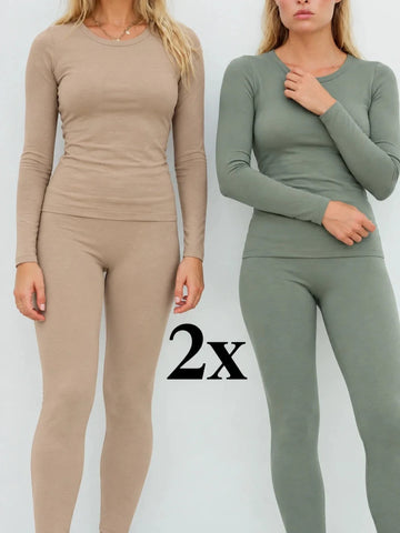 Pack 2 Ensembles T-shirt Manche Longue Col Rond et Legging Beige Sable & Vert Eucalyptus – LILYA