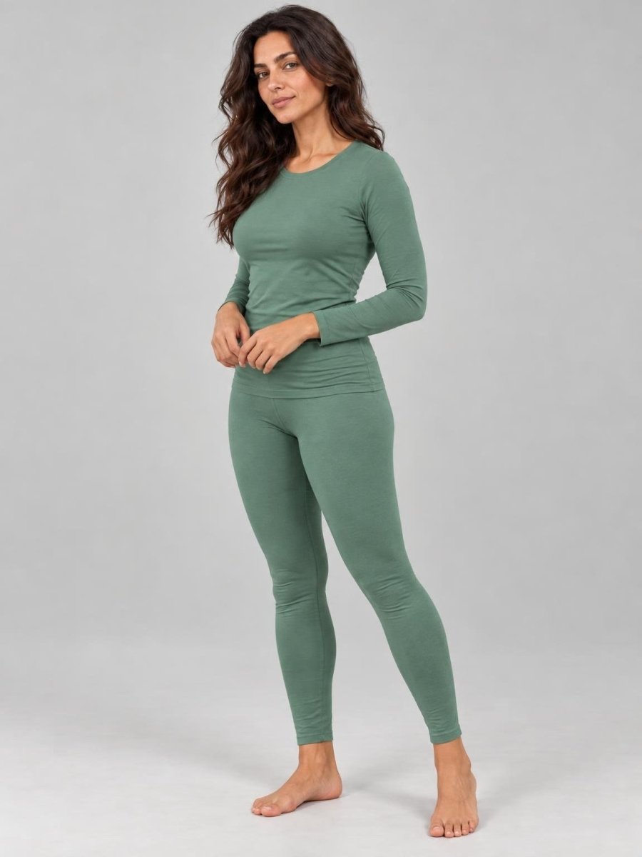 Pack 2 Ensembles T-shirt Manche Longue Col Rond et Legging Vert Eucalyptus & Blanc – LILYA