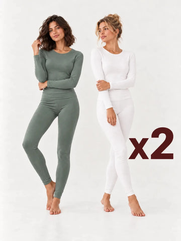 Pack 2 Ensembles T-shirt Manche Longue Col Rond et Legging Vert Eucalyptus & Blanc – LILYA