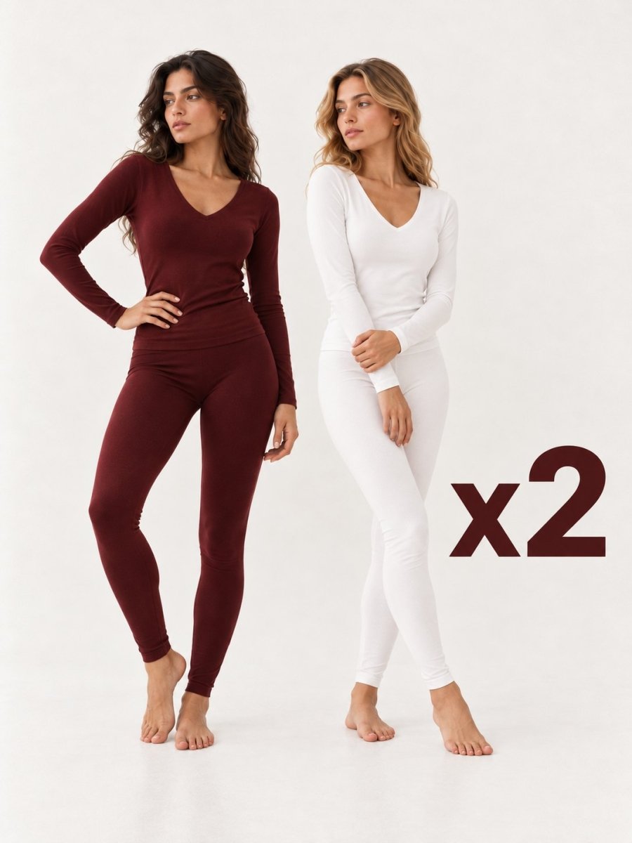 Pack 2 Ensembles T-shirt Manche Longue Col V et Legging Grenat & Blanc – LILYA