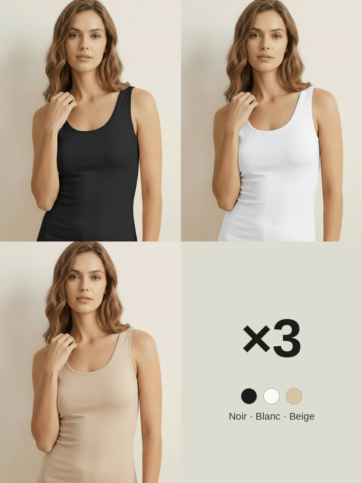 Pack 3 debardeurs marcel noir blanc beige LILYA