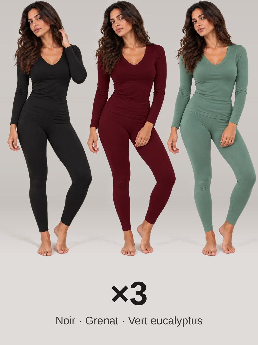 Pack 3 ensembles col V Noir, Grenat et Vert eucalyptus LILYA