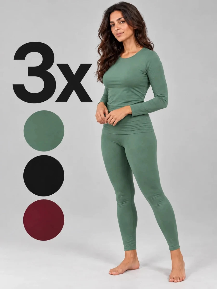 Pack 3 Ensembles T-shirt Manche Longue Col Rond et Legging Grenat, Vert Eucalyptus & Noir – LILYA