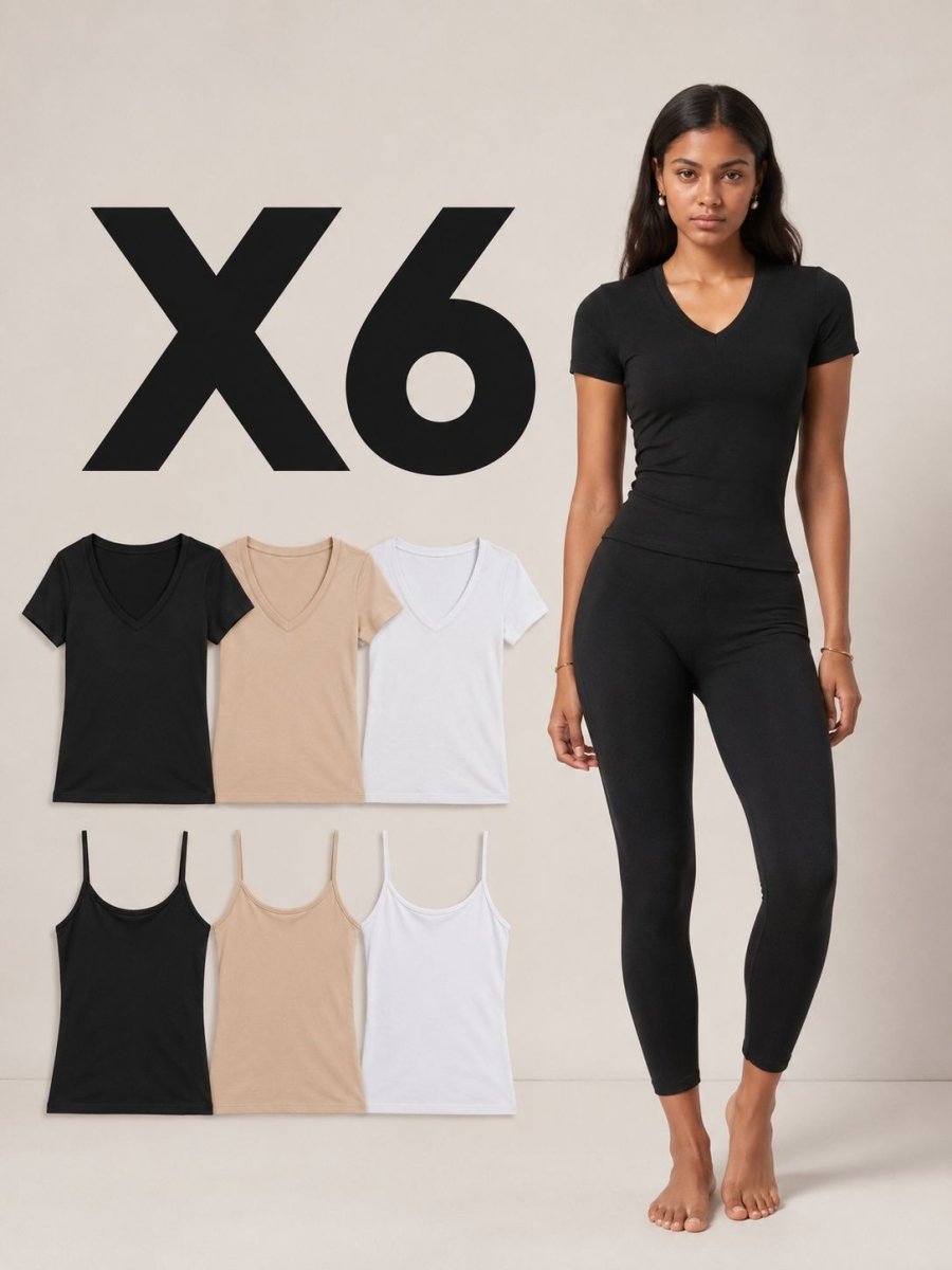 Pack 3 T-shirts Col V + 3 Débardeurs Fines Bretelles – LILYA