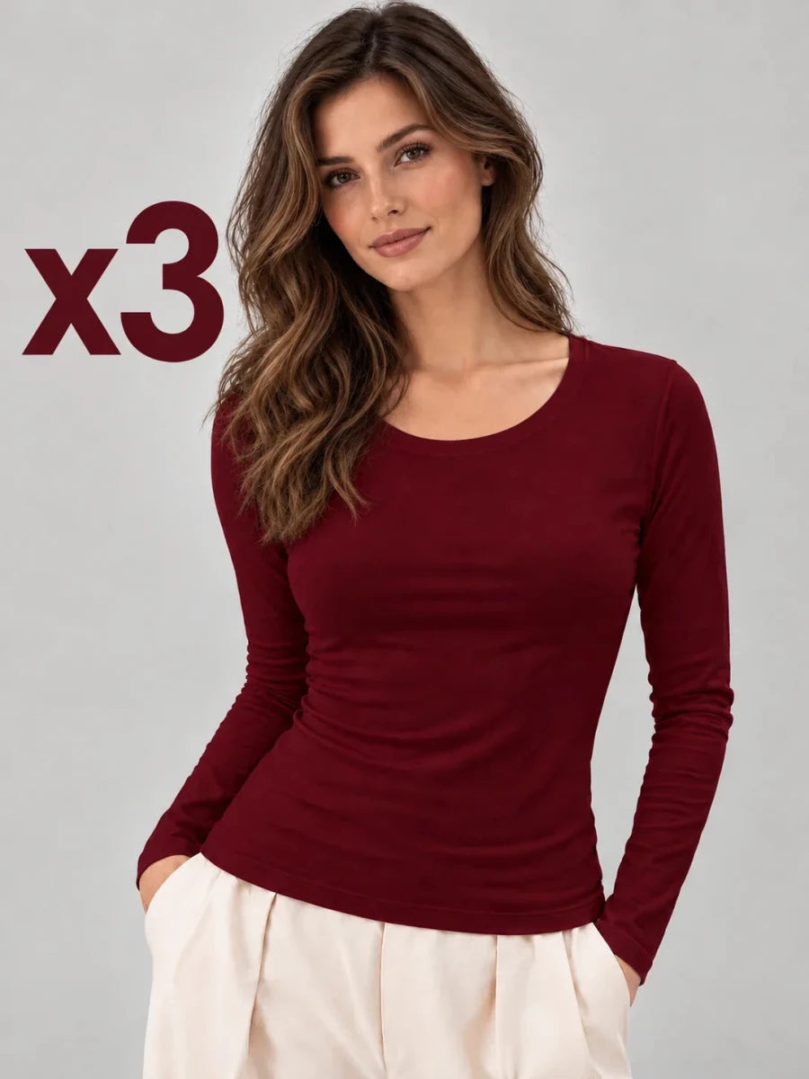 Pack 3 T-shirts Manche Longue Col Rond Grenat, Blanc & Noir – LILYA