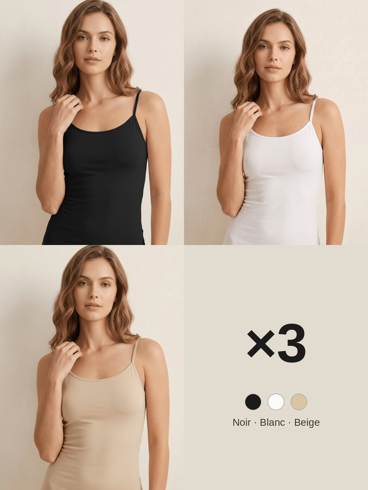 Pack 3 tops bretelles fines noir blanc beige LILYA