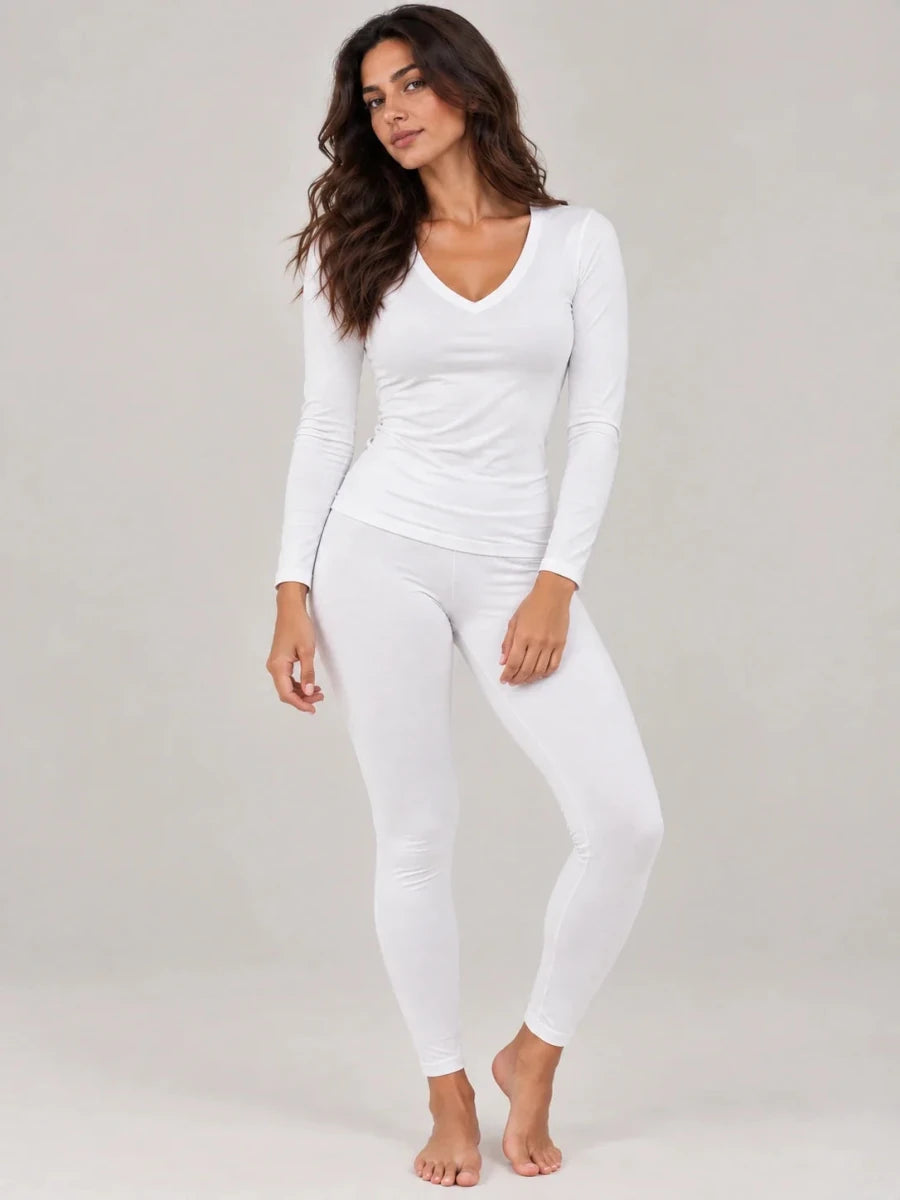 Ensemble T-shirt Manche Longue Col V et Legging Blanc – LILYA