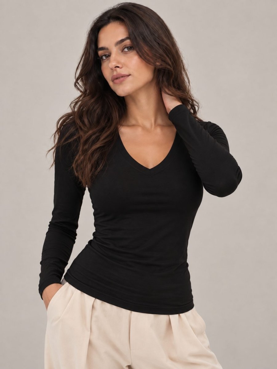 T-shirt Manche Longue Col V Blanc – LILYA