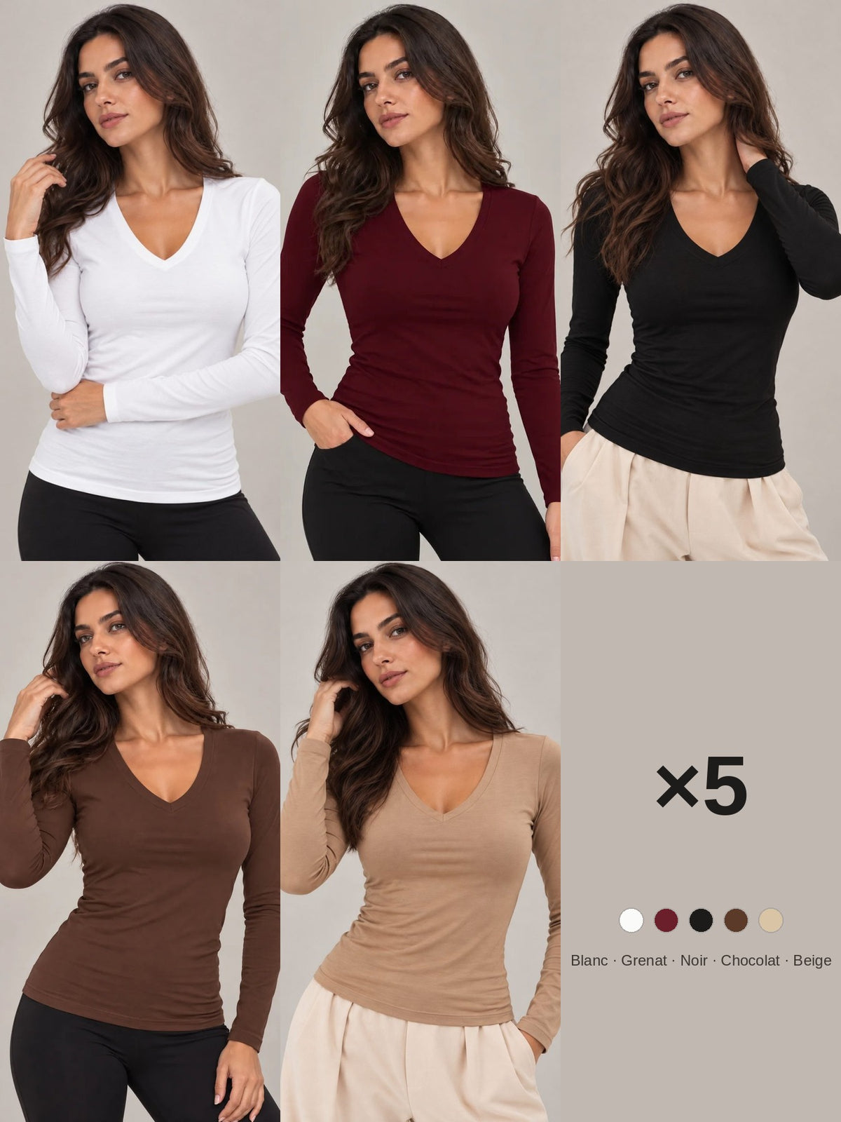 Pack 5 T-shirts manches longues col V blanc grenat noir chocolat beige LILYA