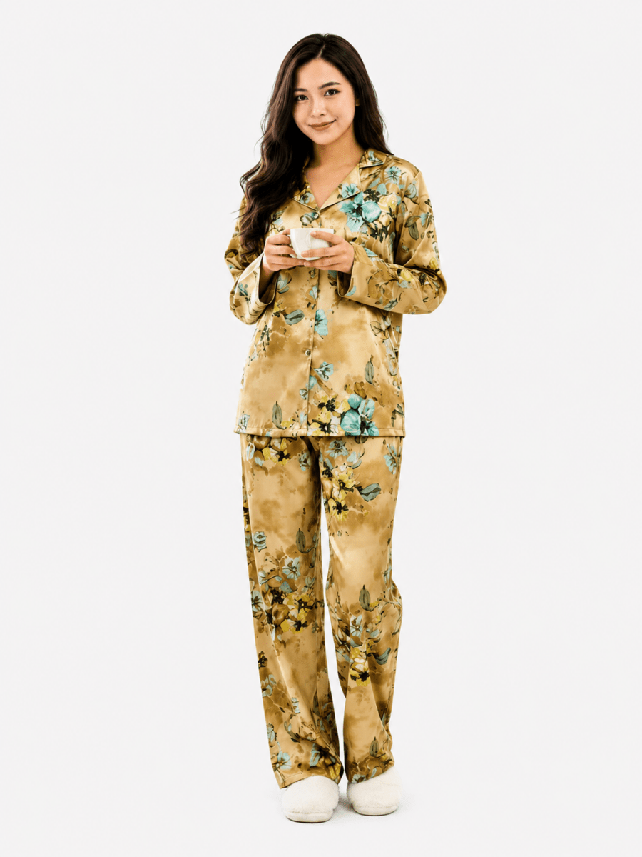 Pyjama Satiné Floral – Gris & Turquoise