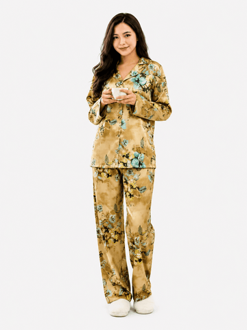 Pyjama Satiné Floral – Gris & Turquoise