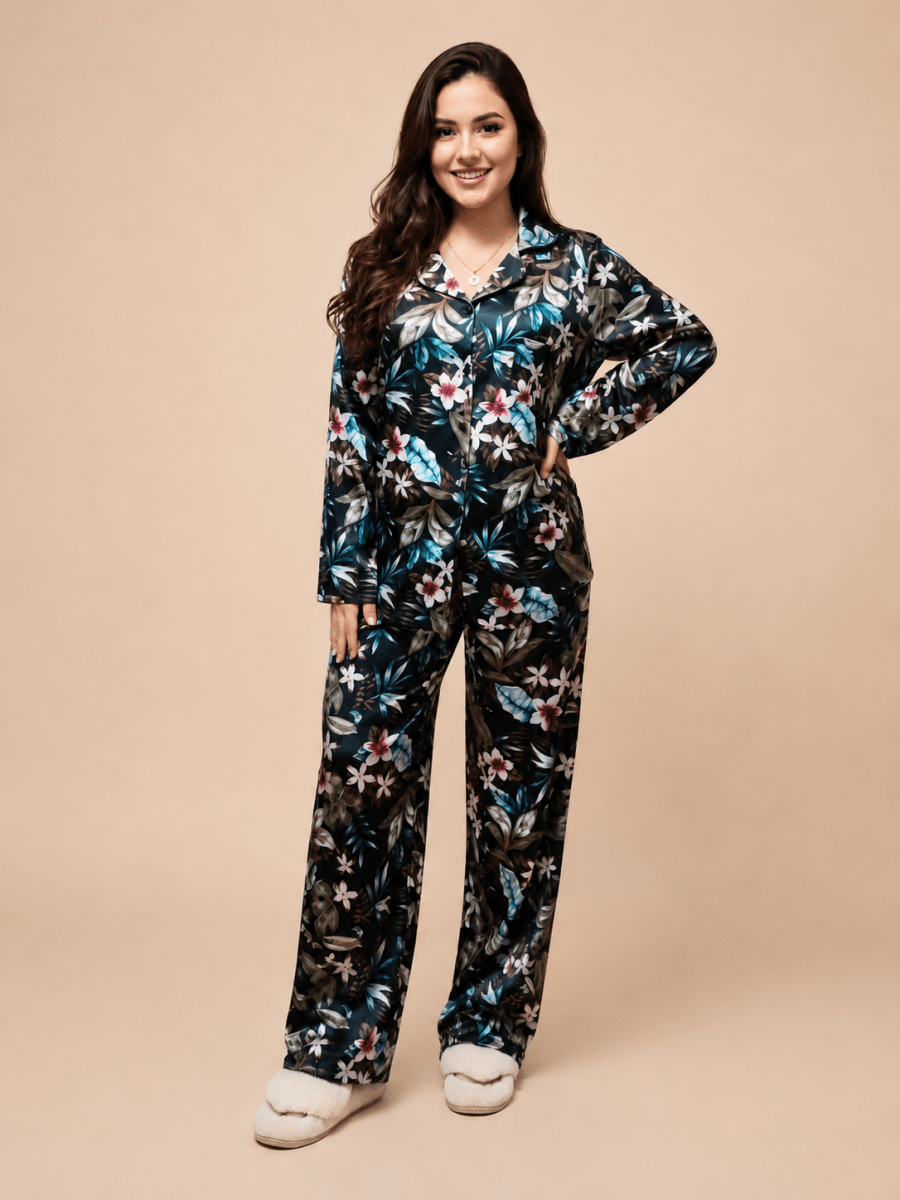 Pyjama Satiné Floral Noir Tropical